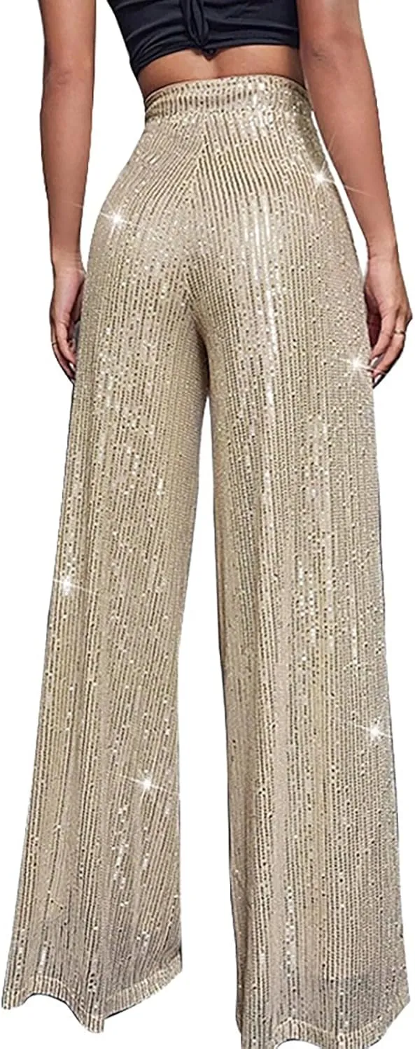 Womens Sequin Flare Pants Women's High Waisted Sequin Loose Drape Wide Leg Pants Fashion Sequence Wide Leg Sequin