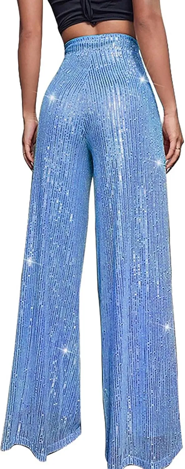 Womens Sequin Flare Pants Women's High Waisted Sequin Loose Drape Wide Leg Pants Fashion Sequence Wide Leg Sequin