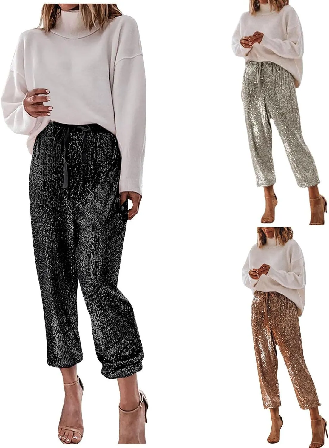Womens Sequin Jogging Pants Sparkly High Waist Drawstring Sweatpants Elastic Waist Loose Fit Shiny Glitter Trousers