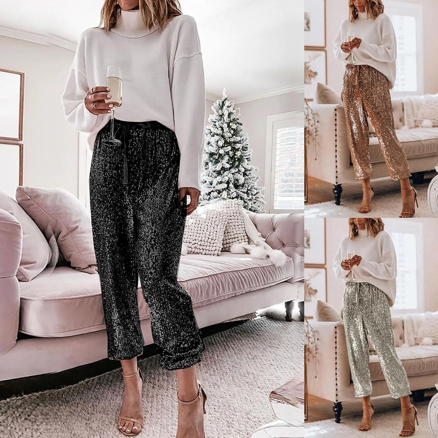 Womens Sequin Jogging Pants Sparkly High Waist Drawstring Sweatpants Elastic Waist Loose Fit Shiny Glitter Trousers