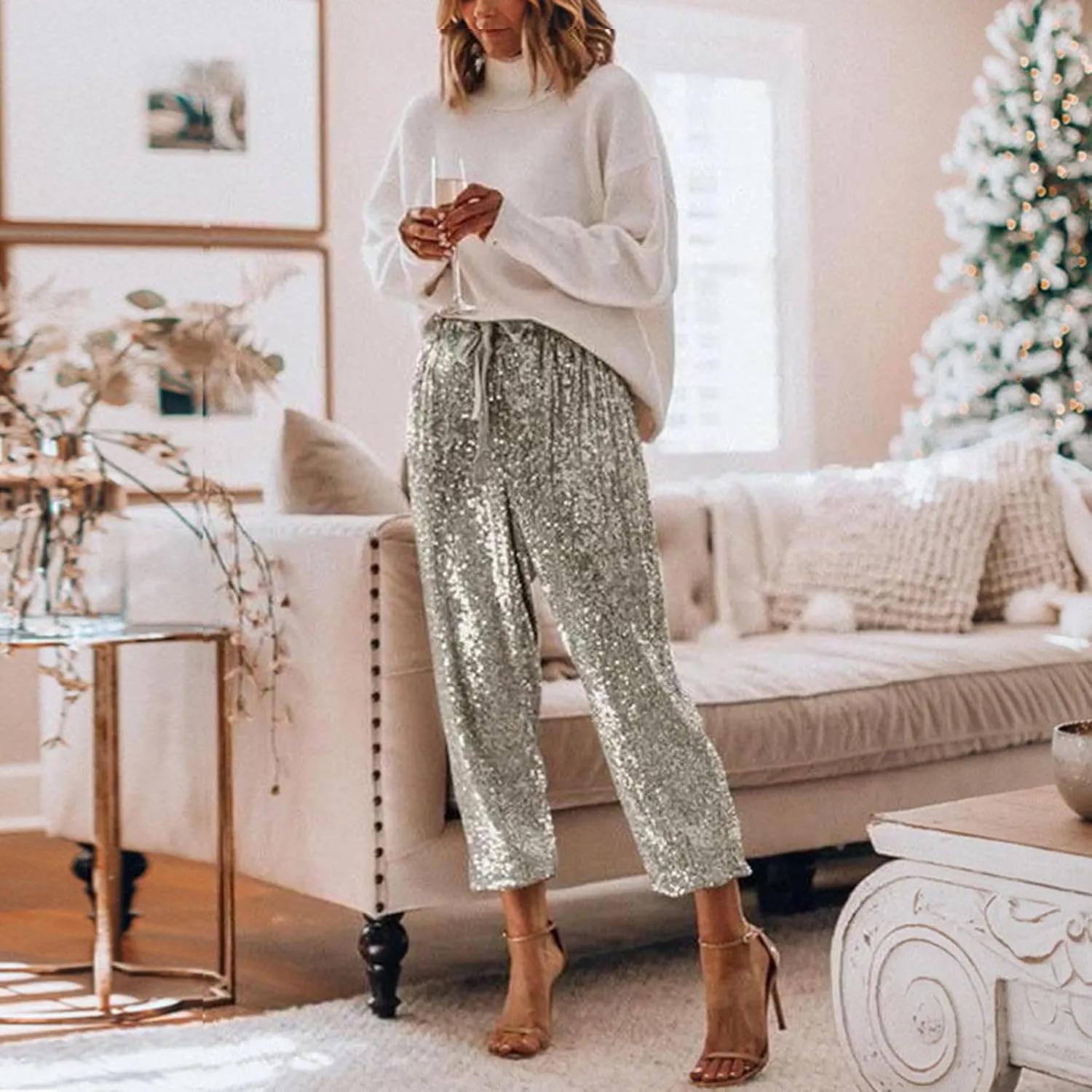 Womens Sequin Jogging Pants Sparkly High Waist Drawstring Sweatpants Elastic Waist Loose Fit Shiny Glitter Trousers