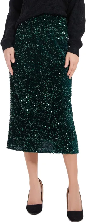 Womens Sequin Velvet Skirt Elastic High Waist Sparkle Split Hem Night Out Party Maxi Skirt