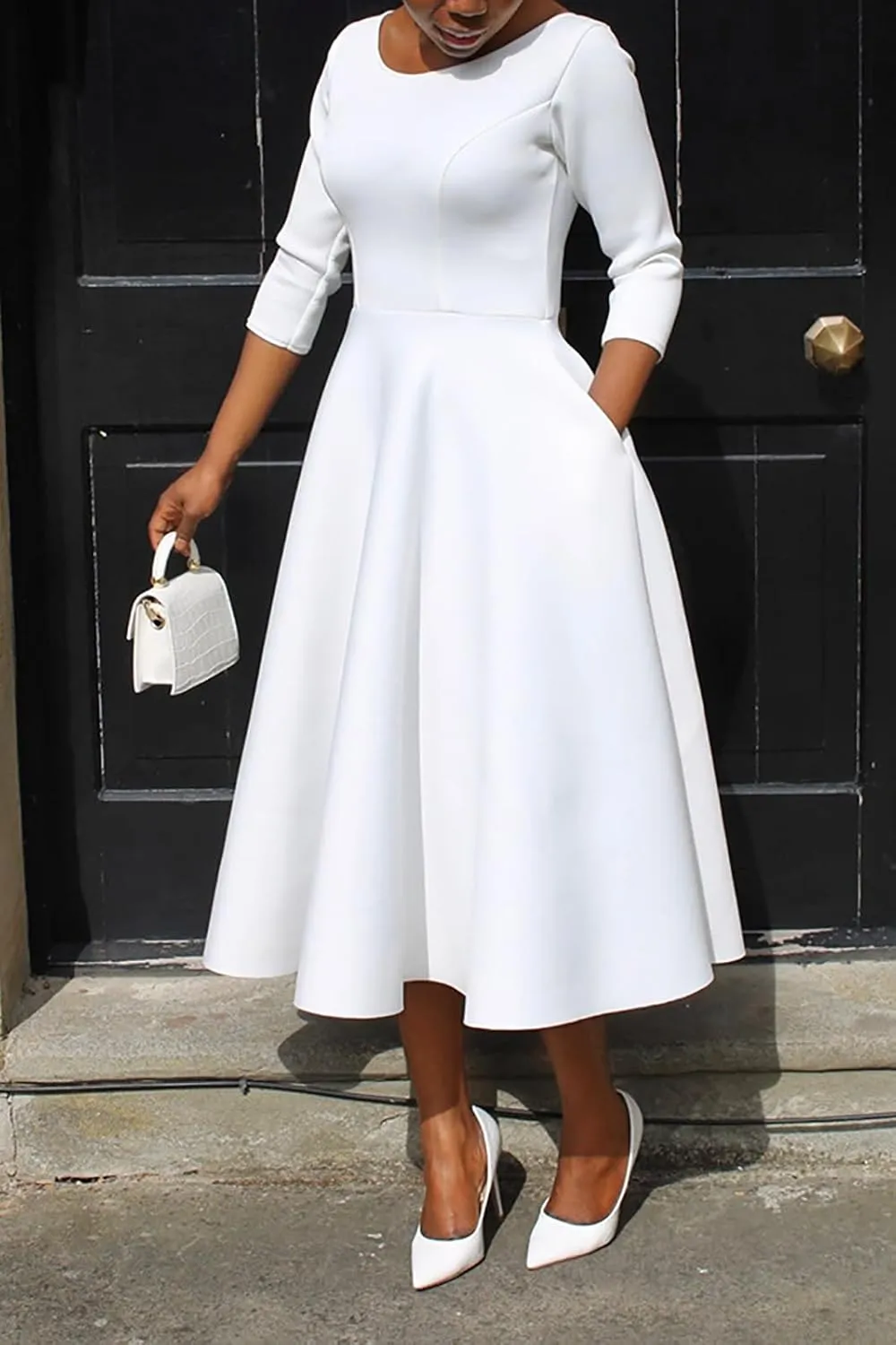 Women's Sexy 3/4 Sleeve A-Line Swing Dress Solid Color Swing Flared Cocktail Party Midi Dress(S-3XL)