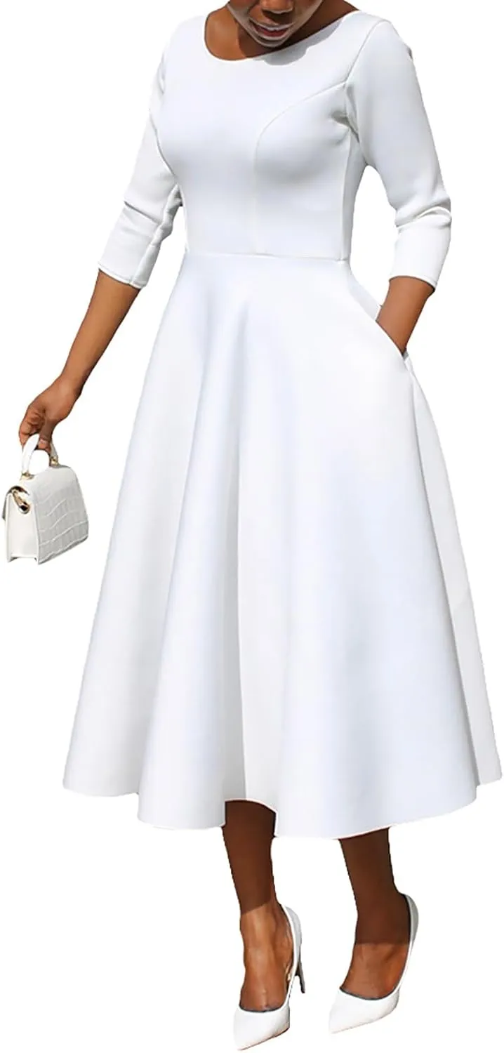 Women's Sexy 3/4 Sleeve A-Line Swing Dress Solid Color Swing Flared Cocktail Party Midi Dress(S-3XL)