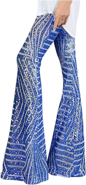 Women's Sexy Metallic Sparkly Wide Leg Pants High Waist Palazzo Lounge Pants Sequin Bell Bottoms Trousers Club Wear