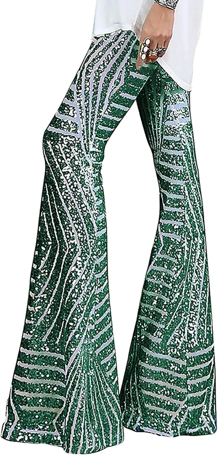 Women's Sexy Metallic Sparkly Wide Leg Pants High Waist Palazzo Lounge Pants Sequin Bell Bottoms Trousers Club Wear