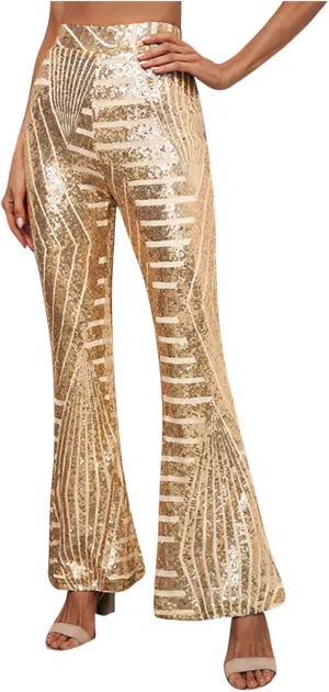 Women's Sexy Metallic Sparkly Wide Leg Pants High Waist Palazzo Lounge Pants Sequin Bell Bottoms Trousers Club Wear