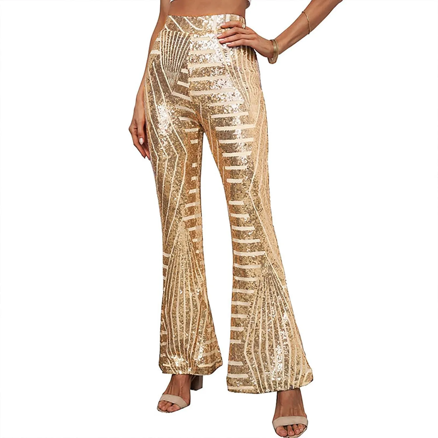 Women's Sexy Metallic Sparkly Wide Leg Pants High Waist Palazzo Lounge Pants Sequin Bell Bottoms Trousers Club Wear