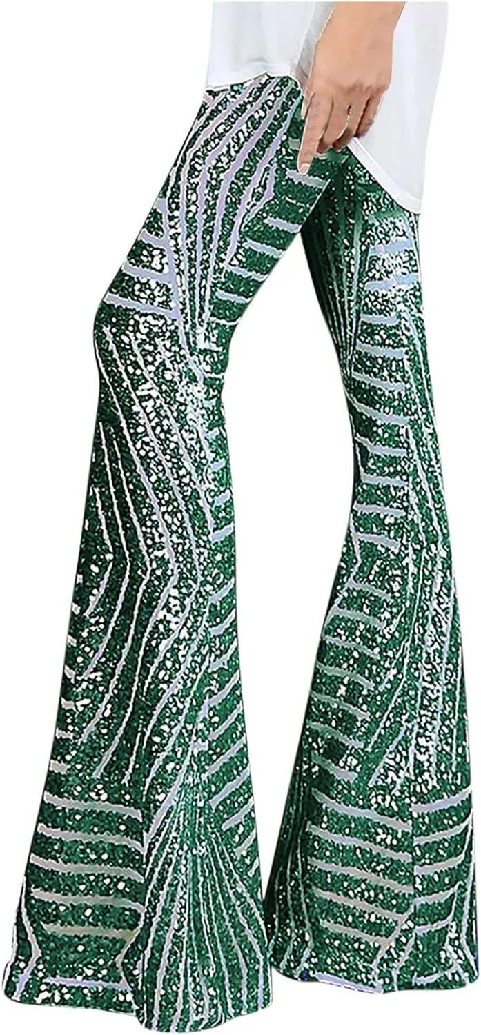 Women's Sexy Metallic Sparkly Wide Leg Pants High Waist Palazzo Lounge Pants Sequin Bell Bottoms Trousers Club Wear