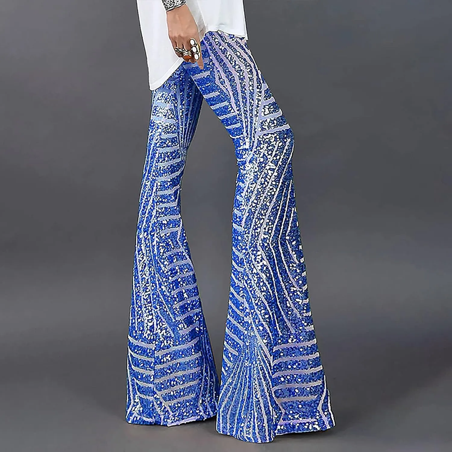 Women's Sexy Metallic Sparkly Wide Leg Pants High Waist Palazzo Lounge Pants Sequin Bell Bottoms Trousers Club Wear