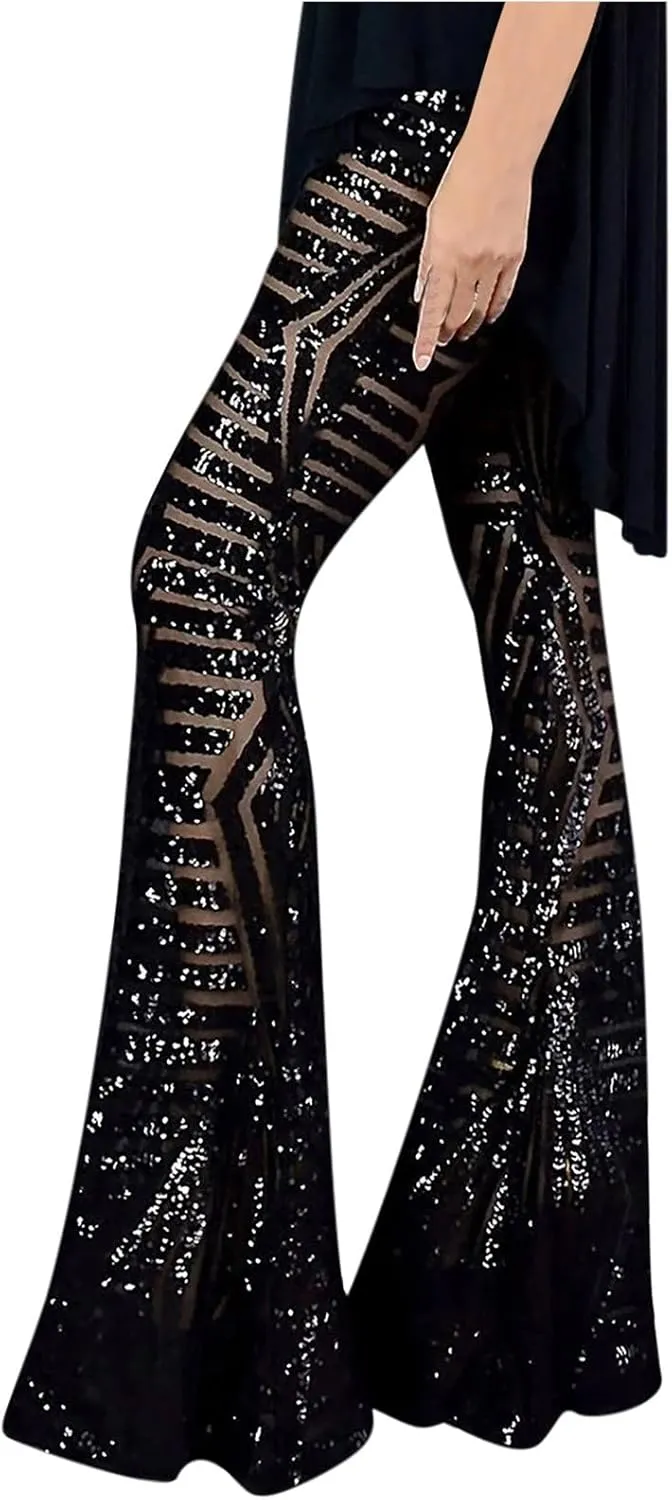 Women's Sexy Metallic Sparkly Wide Leg Pants High Waist Palazzo Lounge Pants Sequin Bell Bottoms Trousers Club Wear