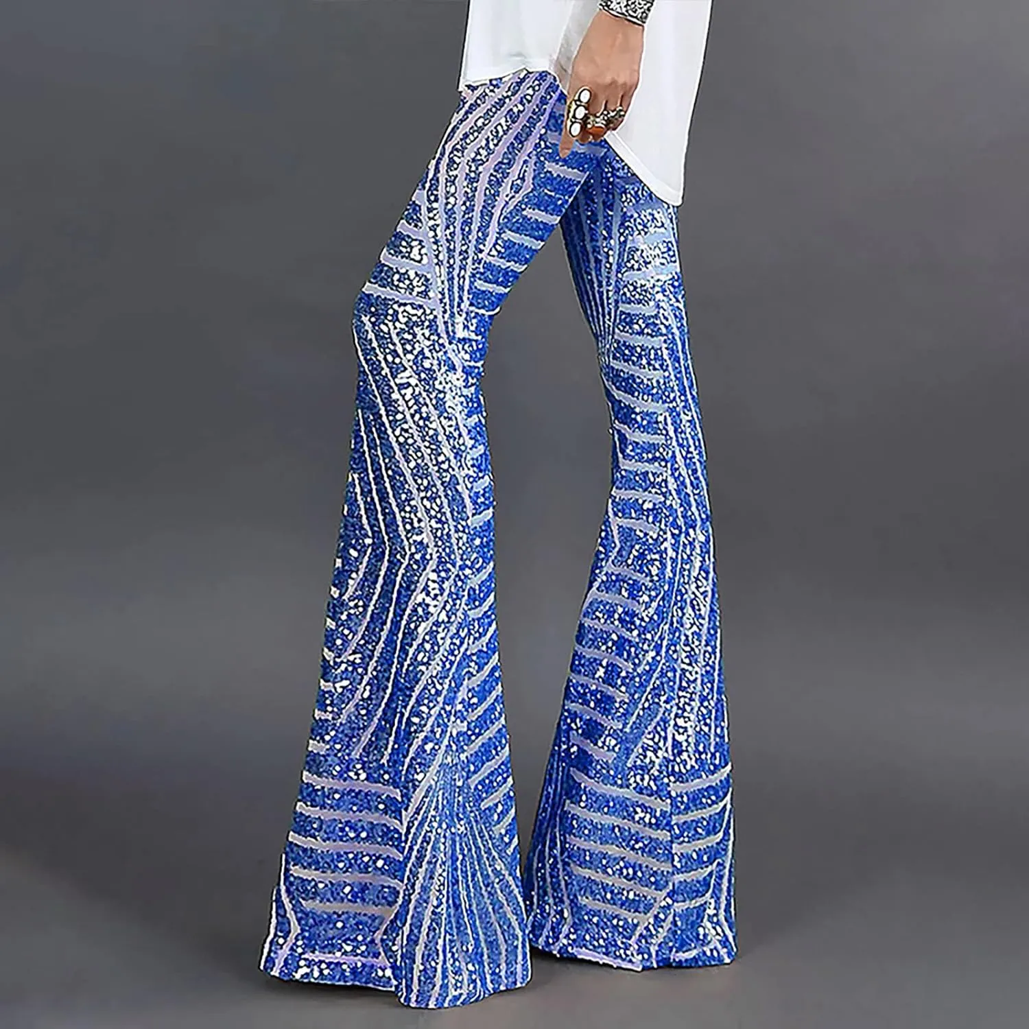 Women's Sexy Metallic Sparkly Wide Leg Pants High Waist Palazzo Lounge Pants Sequin Bell Bottoms Trousers Club Wear