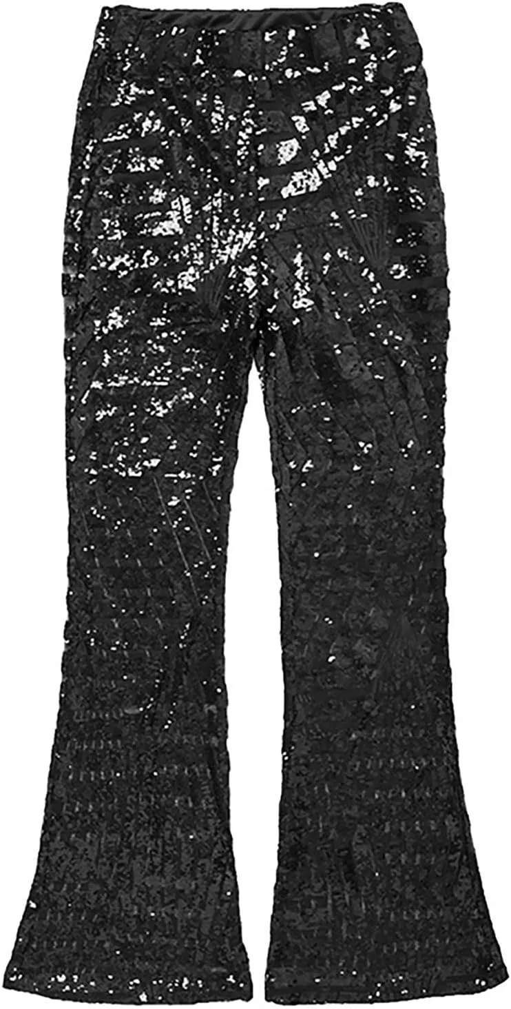 Women's Sexy Metallic Sparkly Wide Leg Pants High Waist Palazzo Lounge Pants Sequin Bell Bottoms Trousers Club Wear