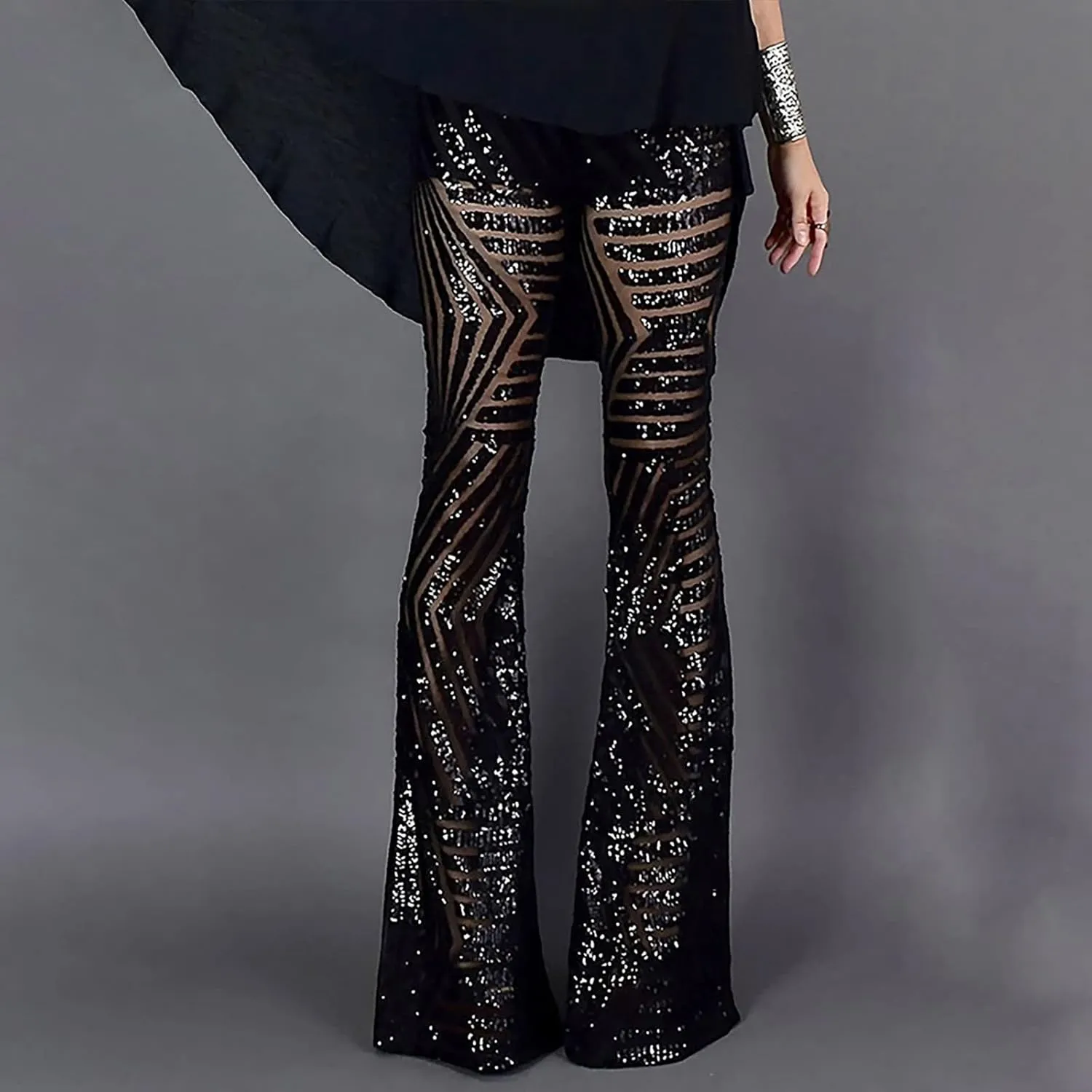 Women's Sexy Metallic Sparkly Wide Leg Pants High Waist Palazzo Lounge Pants Sequin Bell Bottoms Trousers Club Wear