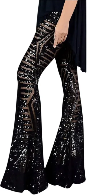 Women's Sexy Metallic Sparkly Wide Leg Pants High Waist Palazzo Lounge Pants Sequin Bell Bottoms Trousers Club Wear