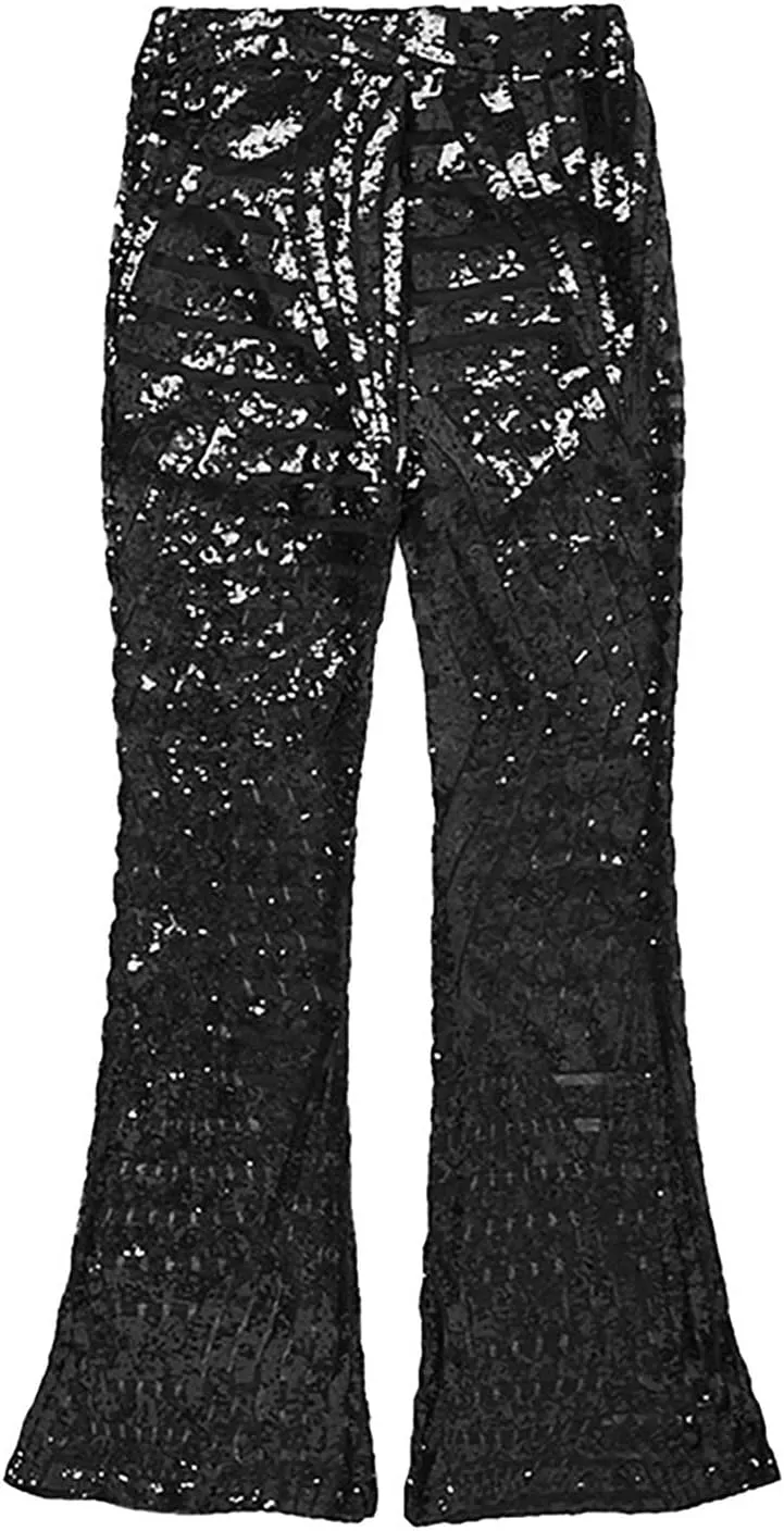 Women's Sexy Metallic Sparkly Wide Leg Pants High Waist Palazzo Lounge Pants Sequin Bell Bottoms Trousers Club Wear