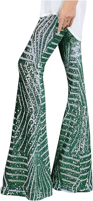 Women's Sexy Metallic Sparkly Wide Leg Pants High Waist Palazzo Lounge Pants Sequin Bell Bottoms Trousers Club Wear