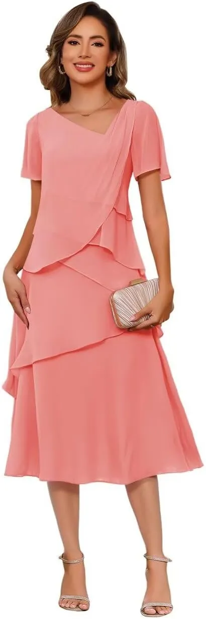 Women's Short Sleeve Mother of The Bride Dresses for Wedding 2025 Chiffon Formal Evening Party Dress PU274