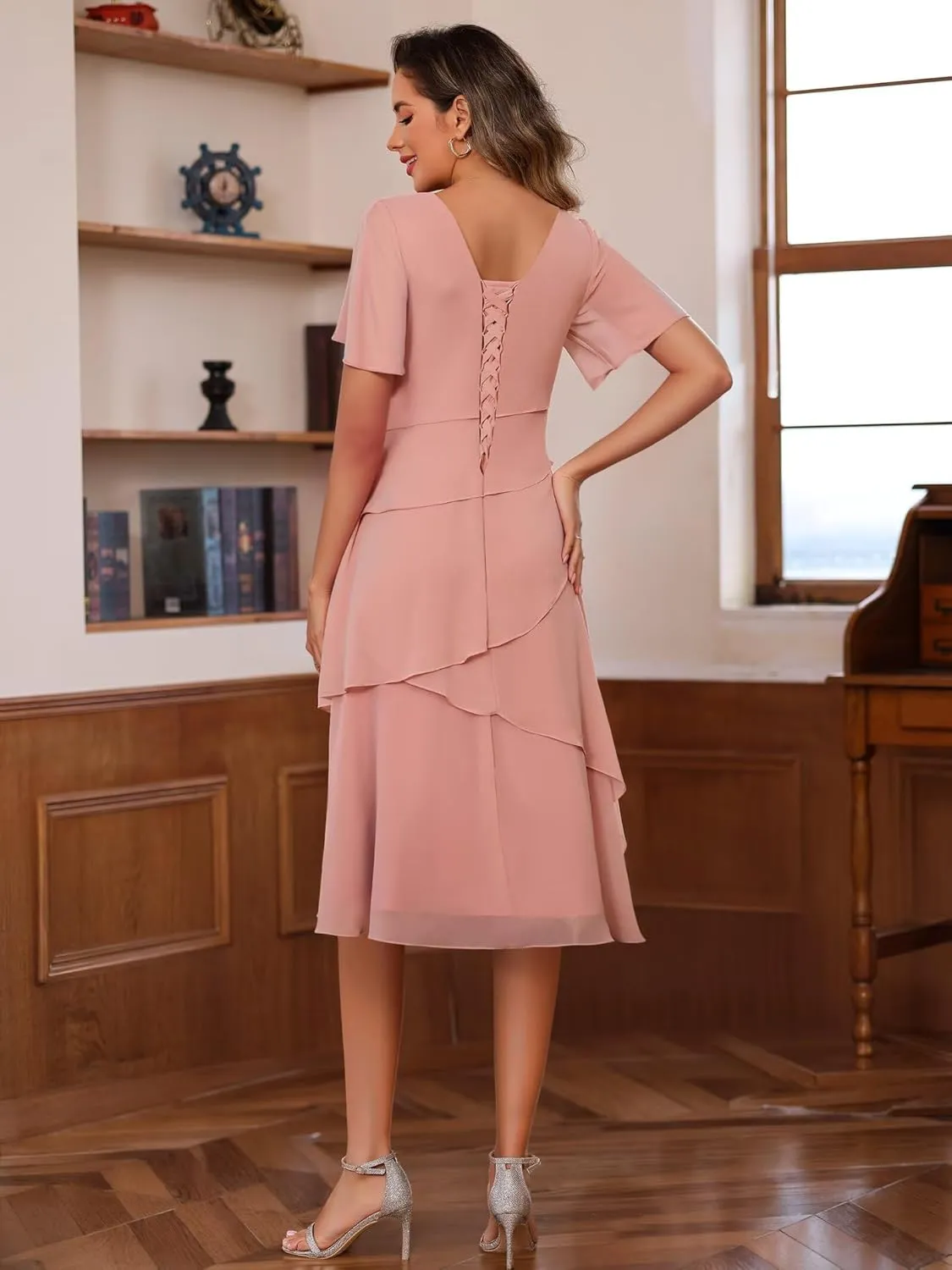 Women's Short Sleeve Mother of The Bride Dresses for Wedding 2025 Chiffon Formal Evening Party Dress PU274