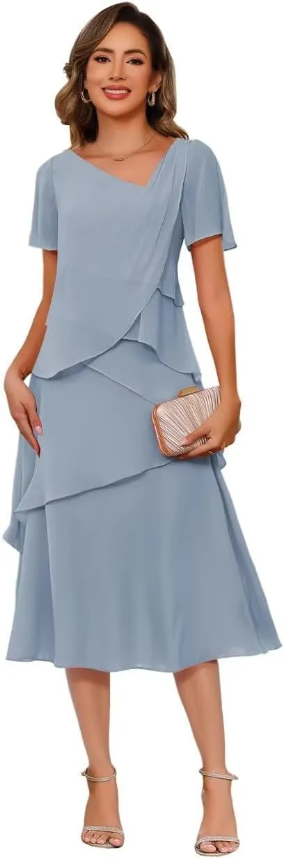 Women's Short Sleeve Mother of The Bride Dresses for Wedding 2025 Chiffon Formal Evening Party Dress PU274