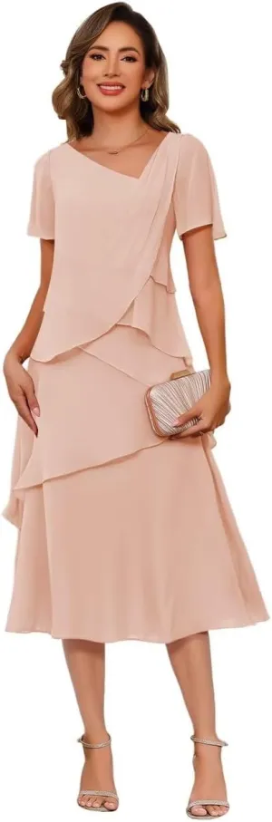 Women's Short Sleeve Mother of The Bride Dresses for Wedding 2025 Chiffon Formal Evening Party Dress PU274