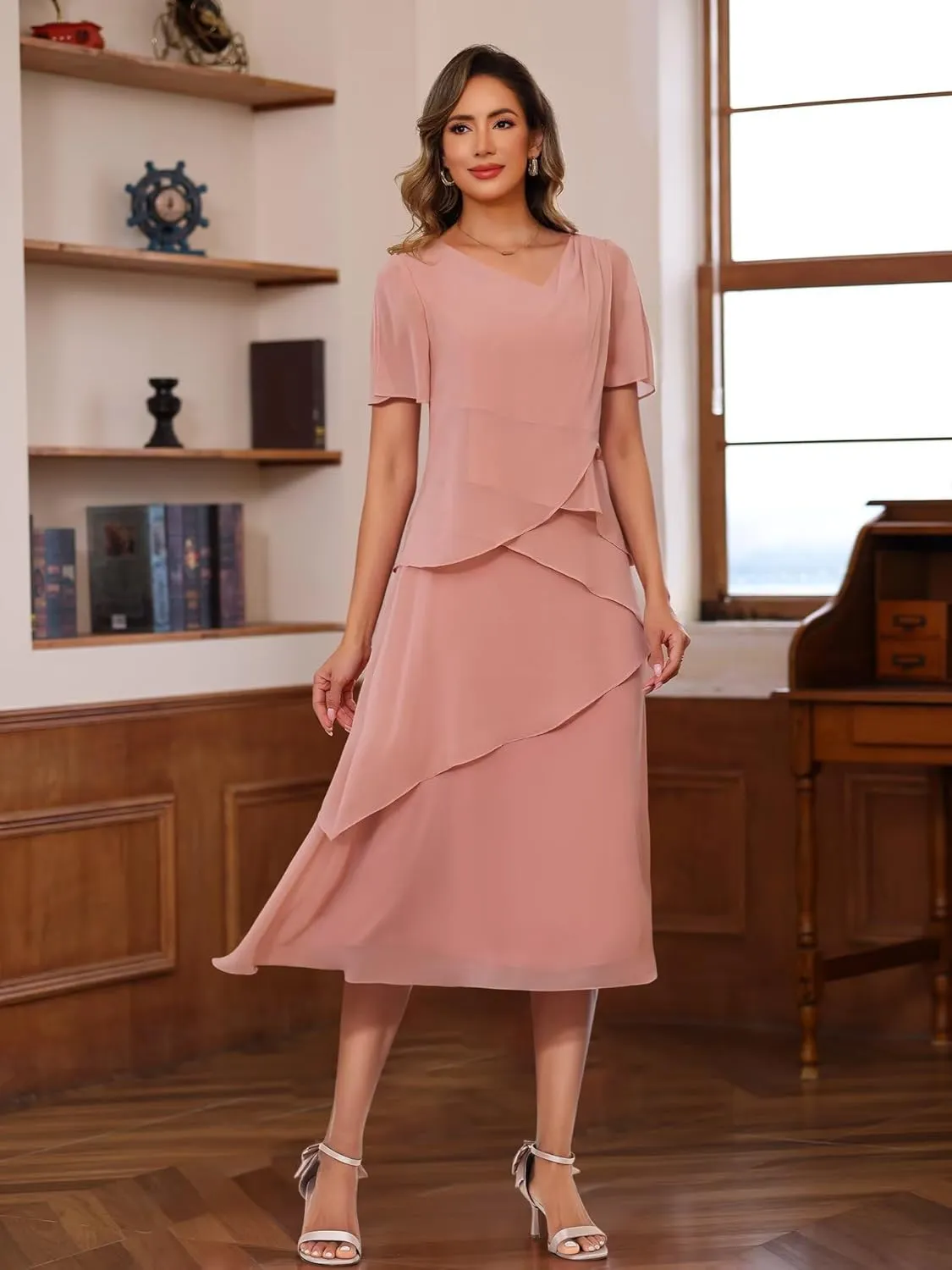 Women's Short Sleeve Mother of The Bride Dresses for Wedding 2025 Chiffon Formal Evening Party Dress PU274