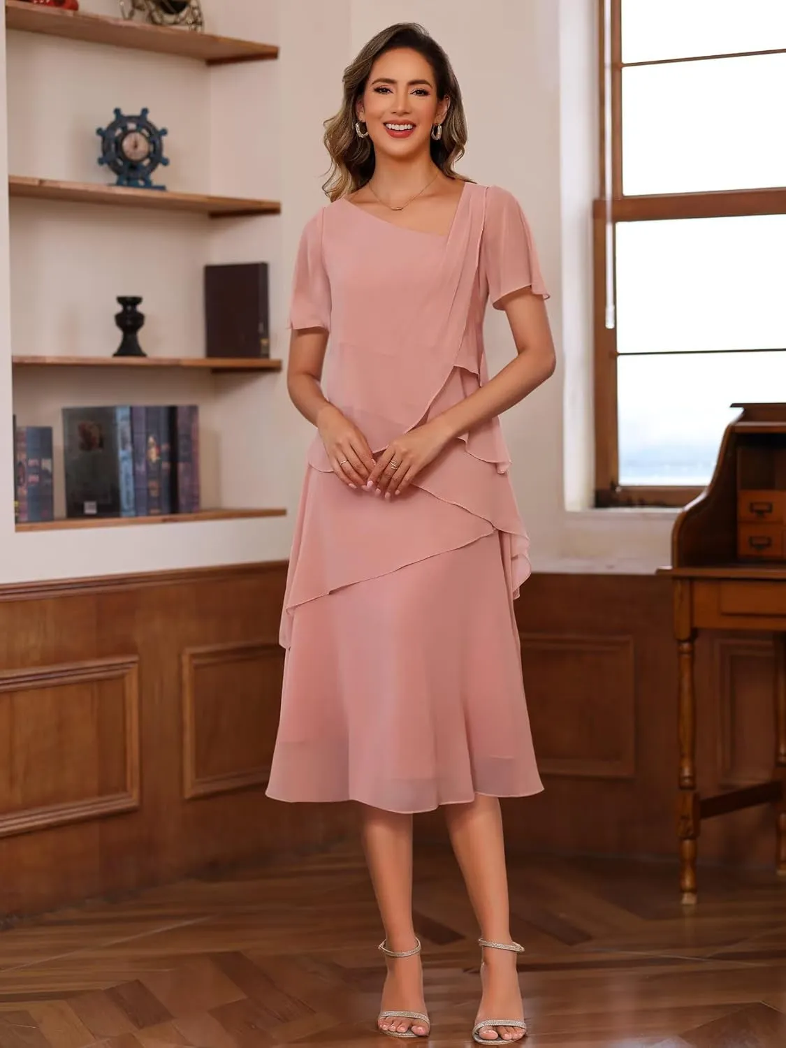 Women's Short Sleeve Mother of The Bride Dresses for Wedding 2025 Chiffon Formal Evening Party Dress PU274