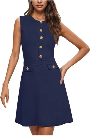 Women's Sleeveless A-Line Dress 2025 Summer Button Elegant Mini Dresses Slim Wear to Work Business Office Dress