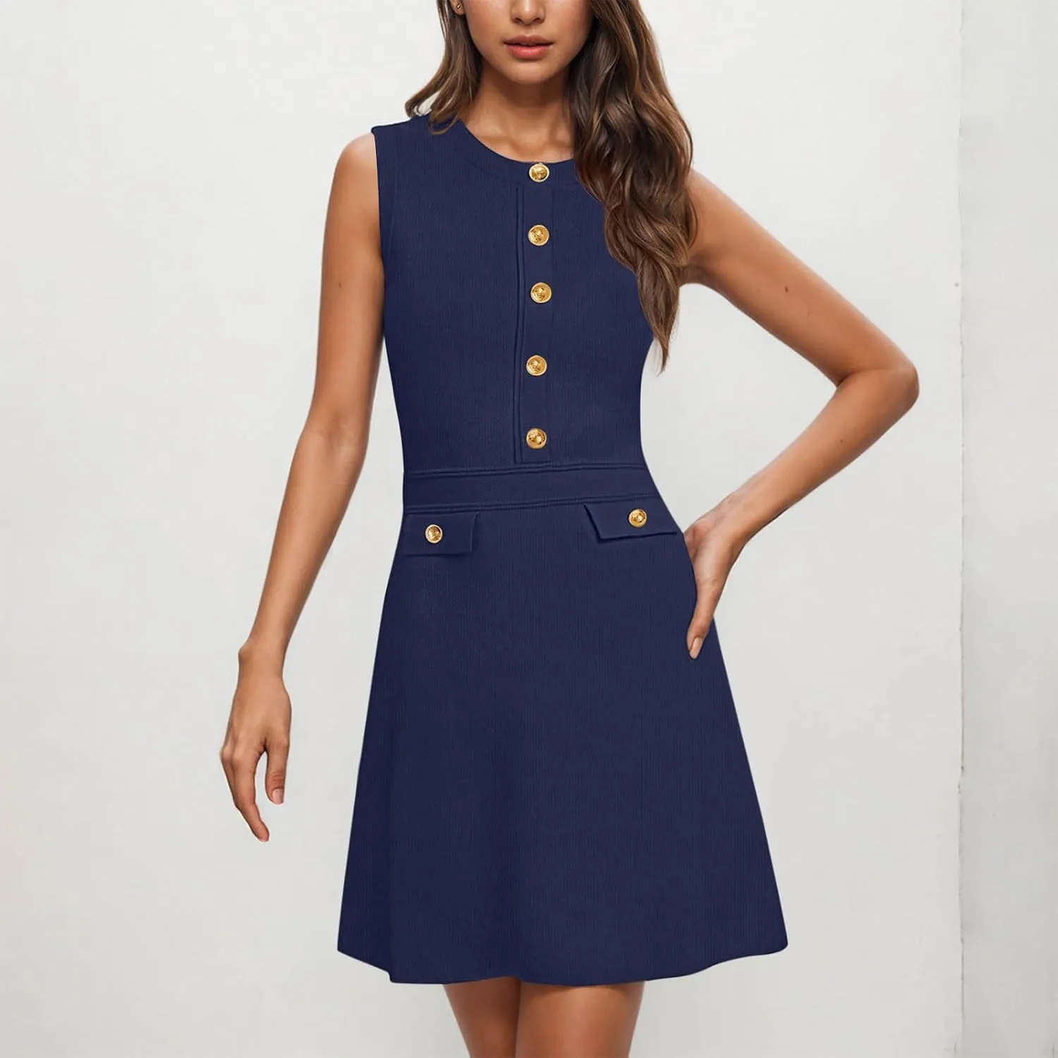 Women's Sleeveless A-Line Dress 2025 Summer Button Elegant Mini Dresses Slim Wear to Work Business Office Dress