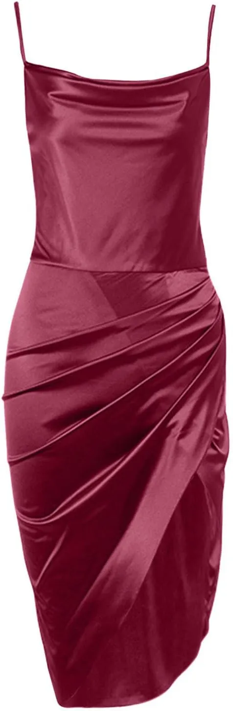 Women's Sleeveless Spaghetti Strap Split Satin Dress Deep V Sexy Cocktail Dress Midi Dresses Formal Evening Gown