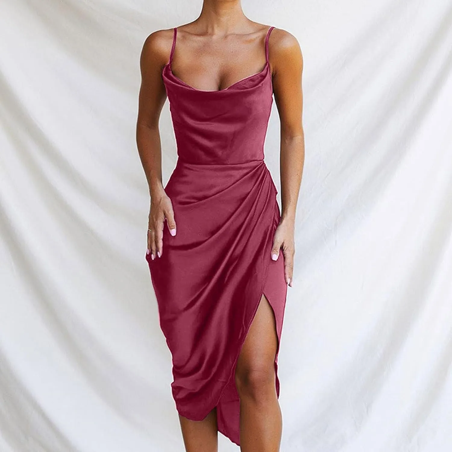 Women's Sleeveless Spaghetti Strap Split Satin Dress Deep V Sexy Cocktail Dress Midi Dresses Formal Evening Gown