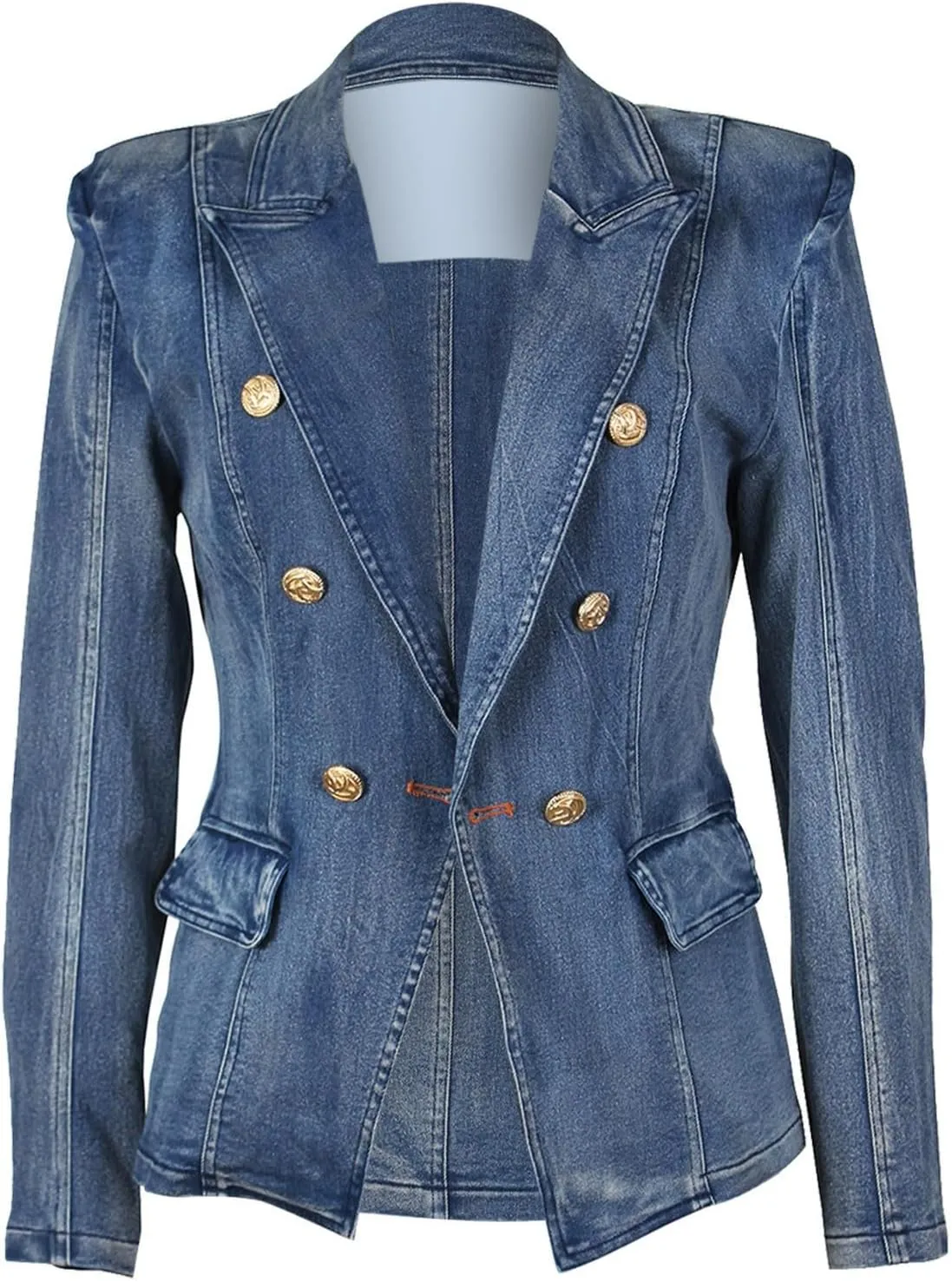 Women's Slim Fit Denim Tailored Double Breasted Pockets Jeans Jacket Denim Long Jacket Women