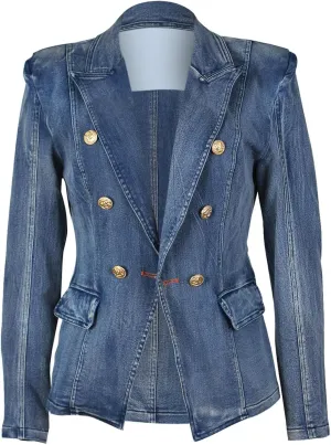 Women's Slim Fit Denim Tailored Double Breasted Pockets Jeans Jacket Denim Long Jacket Women