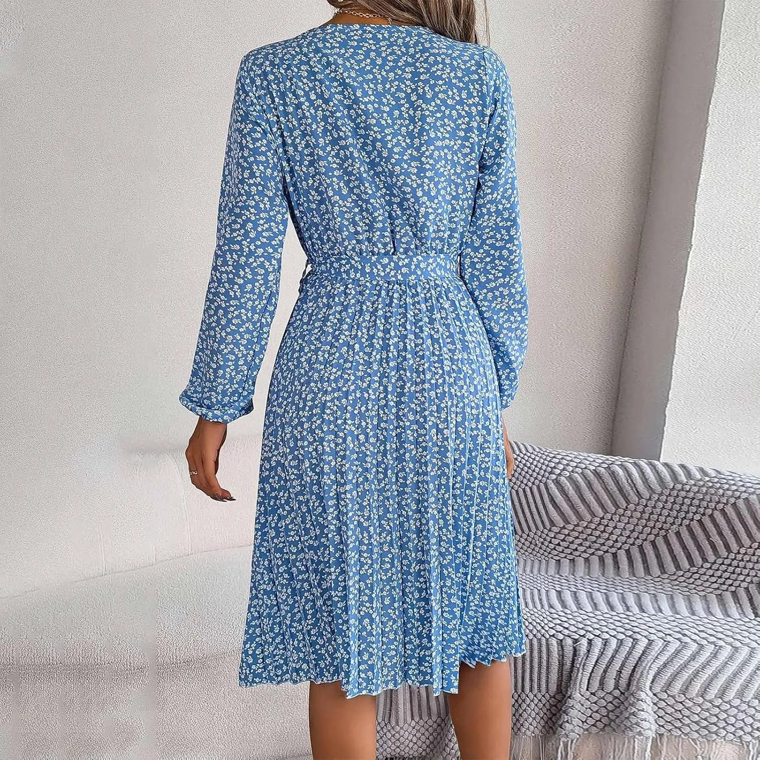 Women's Spring Dress Midi Long Puff Sleeve Wrap V Neck Flowy Pleated Ruffle Dresses Casual A Line Dress with Belt