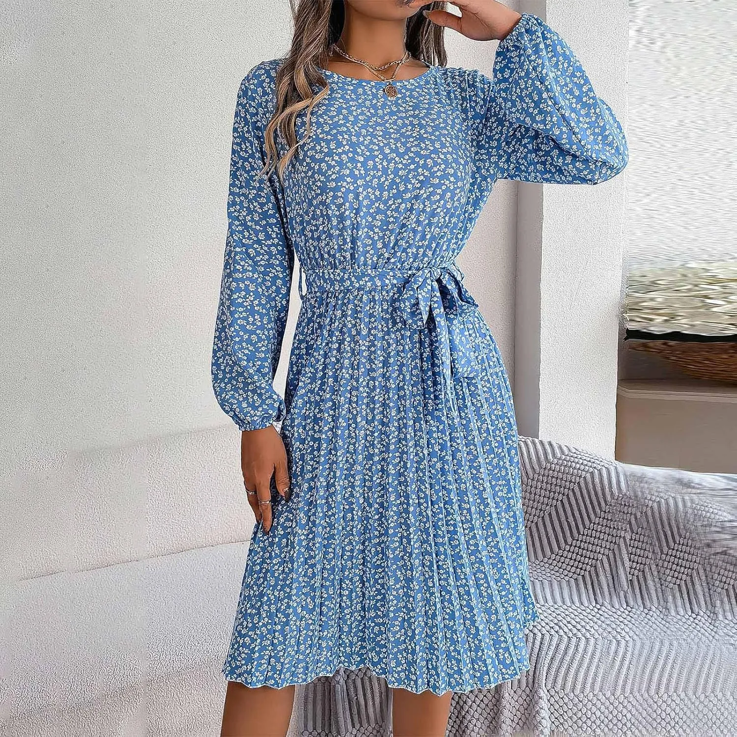 Women's Spring Dress Midi Long Puff Sleeve Wrap V Neck Flowy Pleated Ruffle Dresses Casual A Line Dress with Belt