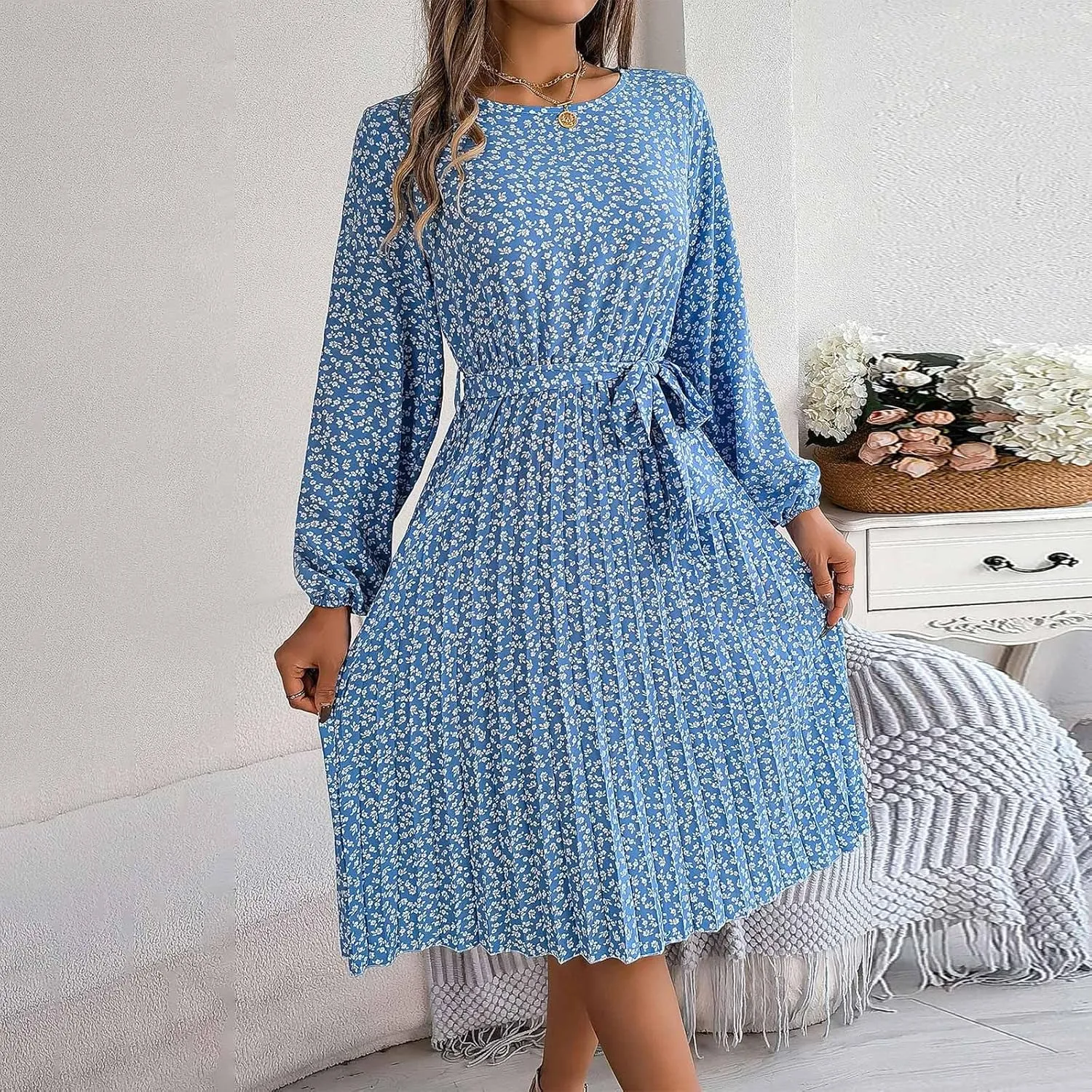 Women's Spring Dress Midi Long Puff Sleeve Wrap V Neck Flowy Pleated Ruffle Dresses Casual A Line Dress with Belt