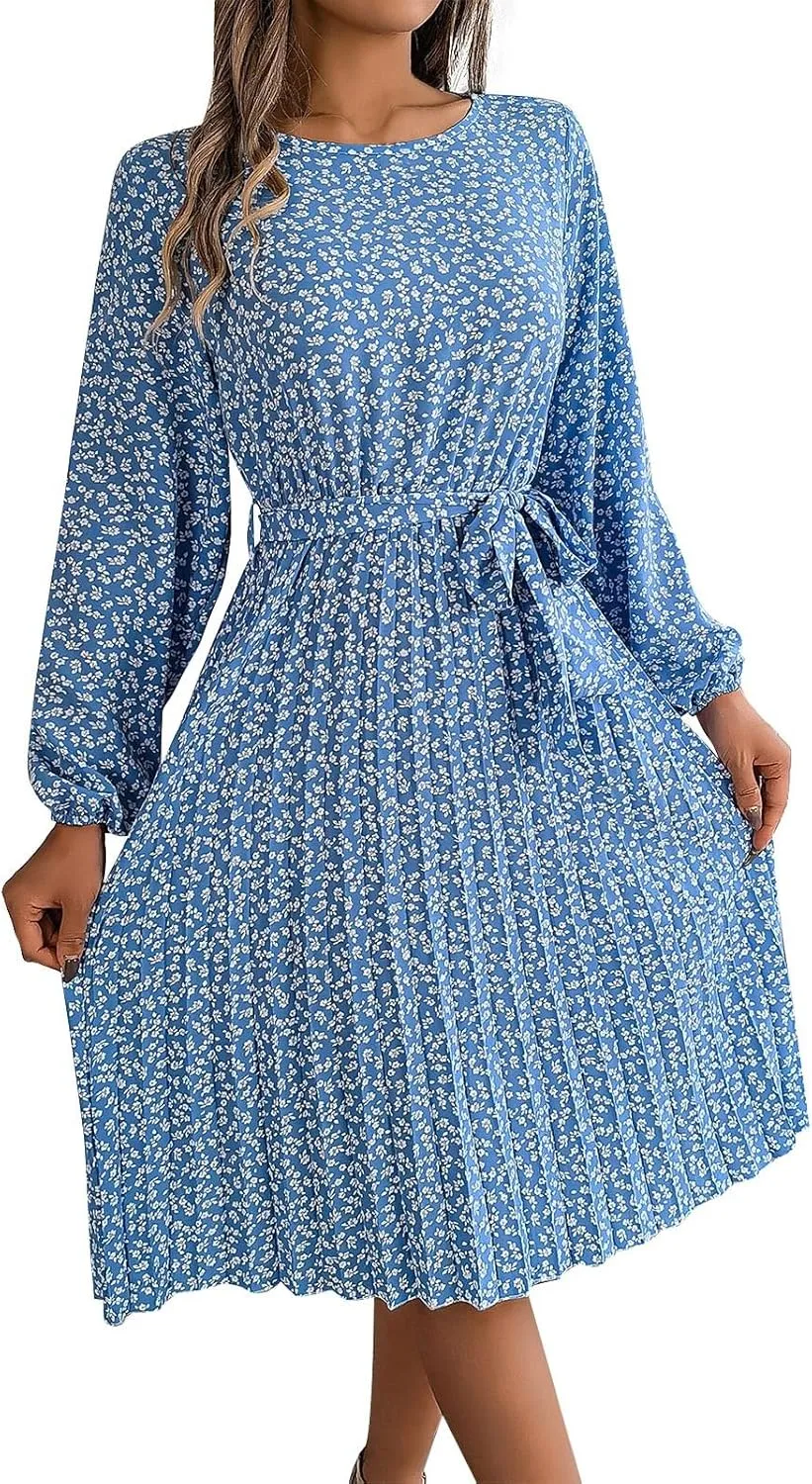 Women's Spring Dress Midi Long Puff Sleeve Wrap V Neck Flowy Pleated Ruffle Dresses Casual A Line Dress with Belt