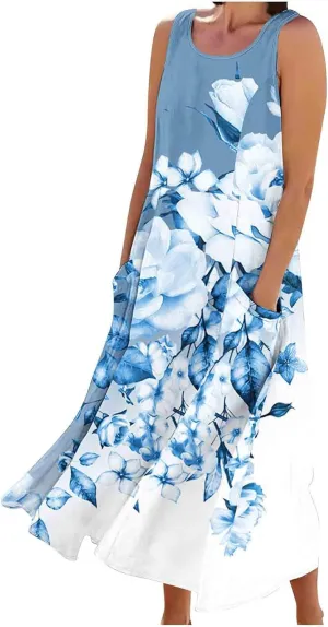 Womens Spring Summer Dresses Casual Round Neck Pleated Solid Color Beach Dress Swing Pleated Casual Vacation Dresses