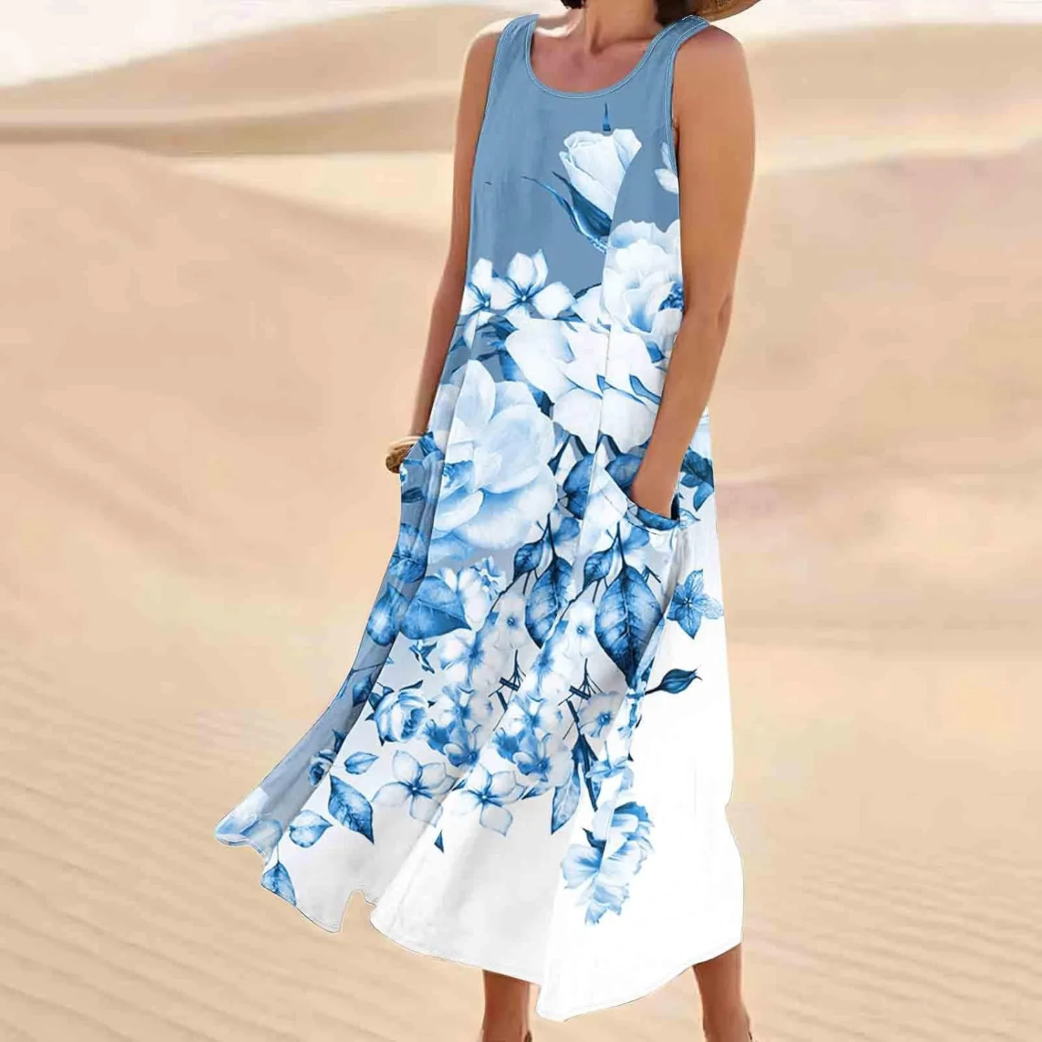 Womens Spring Summer Dresses Casual Round Neck Pleated Solid Color Beach Dress Swing Pleated Casual Vacation Dresses