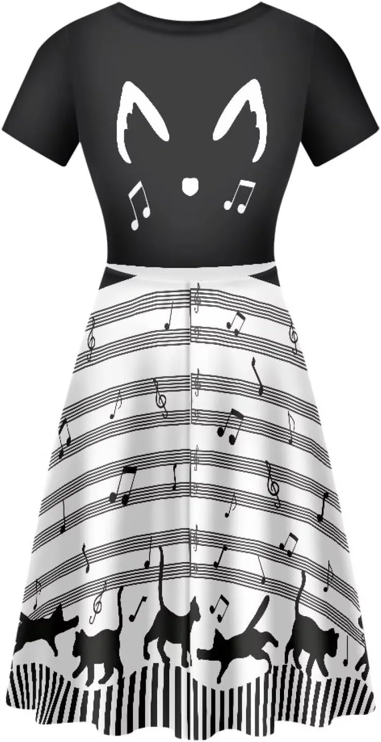 Women's Stylish Summer Dress Short Sleeve Round Neck Knee Length Twirly Dress
