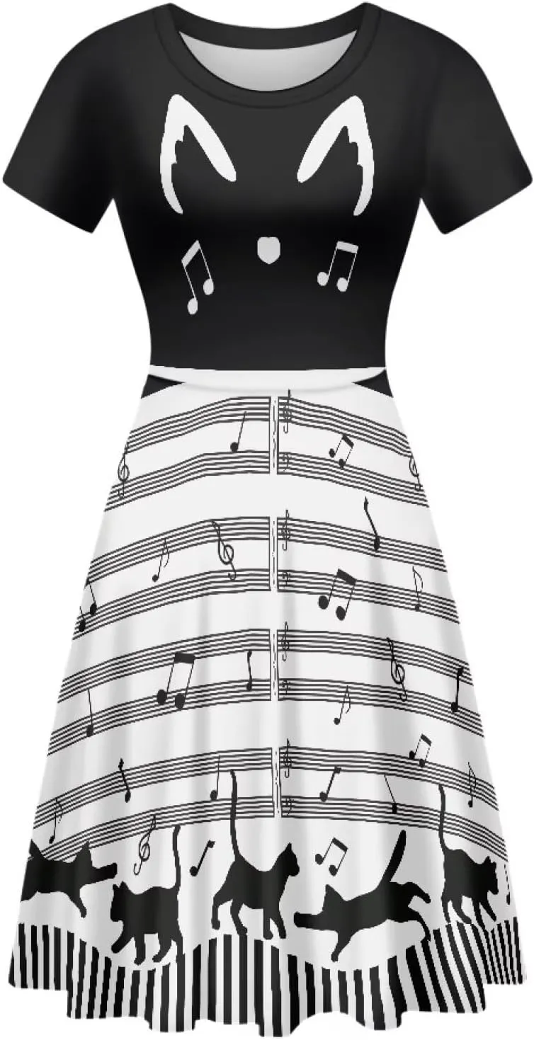 Women's Stylish Summer Dress Short Sleeve Round Neck Knee Length Twirly Dress