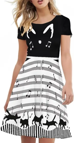 Women's Stylish Summer Dress Short Sleeve Round Neck Knee Length Twirly Dress