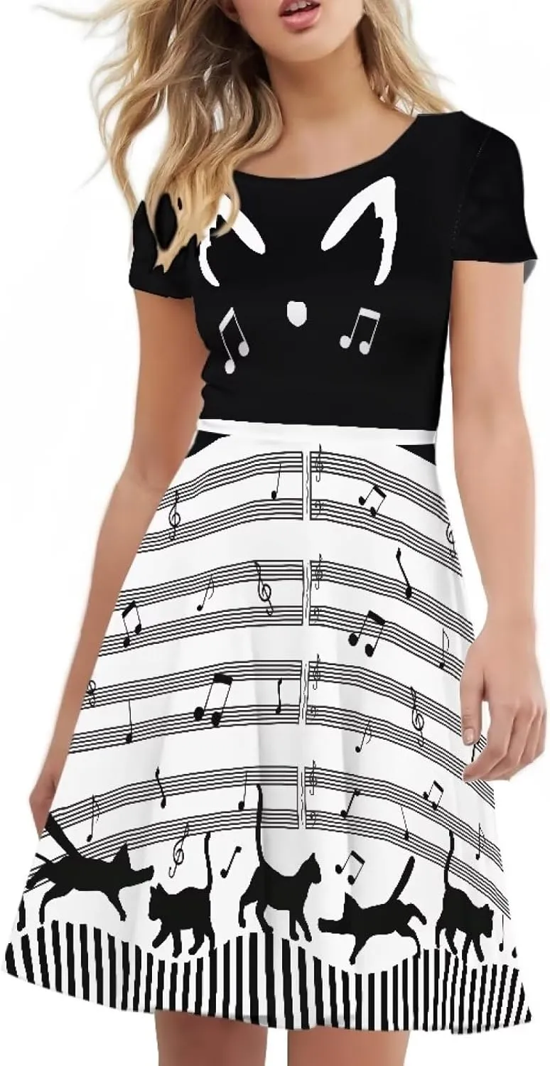 Women's Stylish Summer Dress Short Sleeve Round Neck Knee Length Twirly Dress