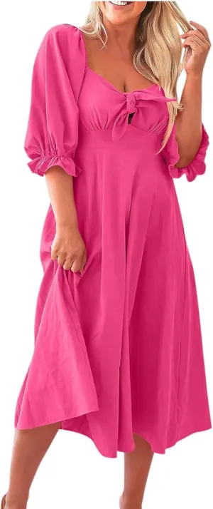Womens Summer Dresses Elegant Tie Front Midi Dress Puff Half Sleeves V-Neck Pleated Flowy Blouson Beach Dresses