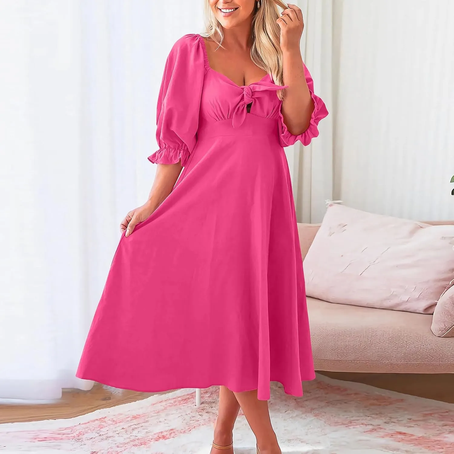 Womens Summer Dresses Elegant Tie Front Midi Dress Puff Half Sleeves V-Neck Pleated Flowy Blouson Beach Dresses