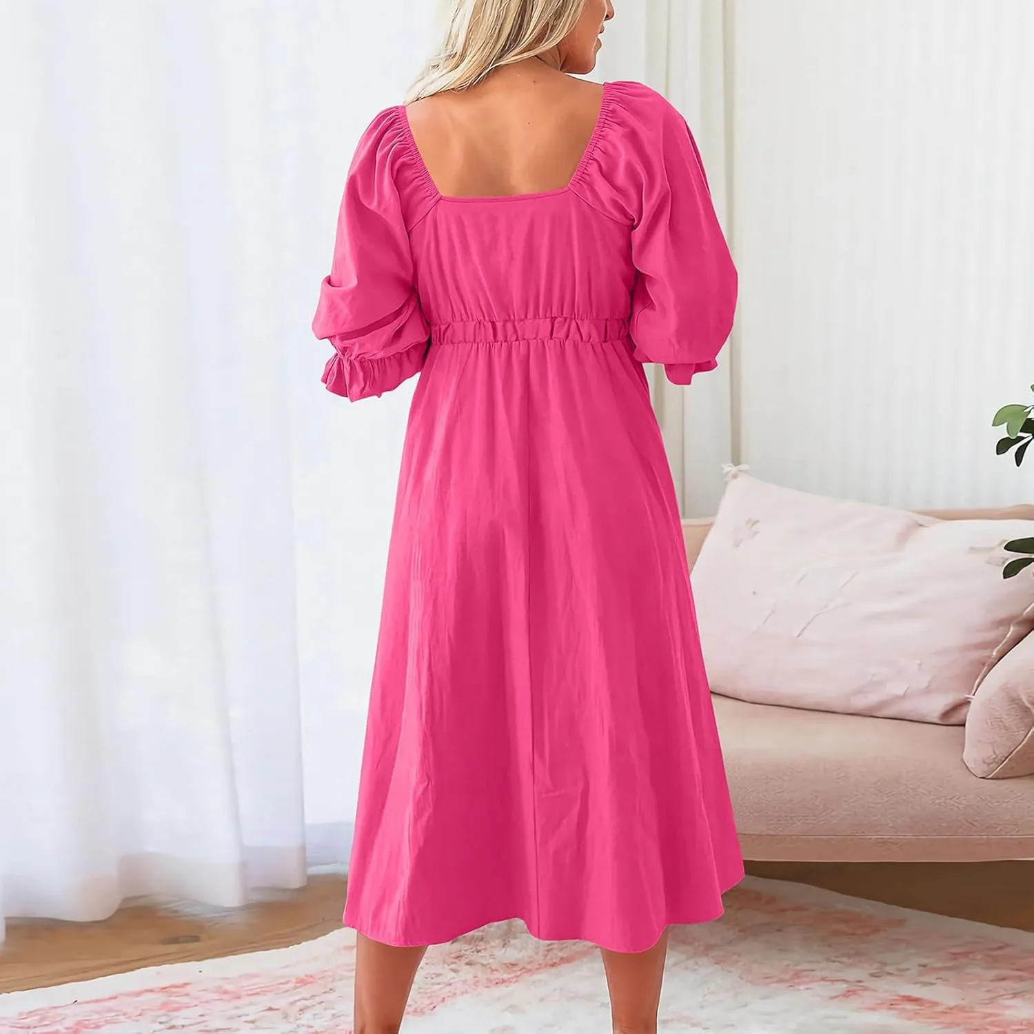 Womens Summer Dresses Elegant Tie Front Midi Dress Puff Half Sleeves V-Neck Pleated Flowy Blouson Beach Dresses