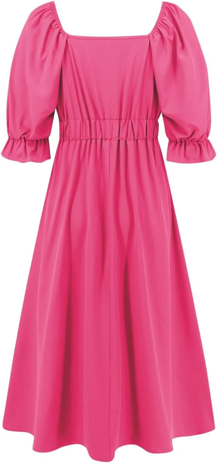Womens Summer Dresses Elegant Tie Front Midi Dress Puff Half Sleeves V-Neck Pleated Flowy Blouson Beach Dresses
