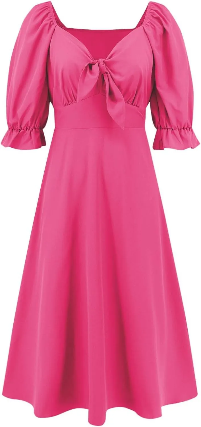 Womens Summer Dresses Elegant Tie Front Midi Dress Puff Half Sleeves V-Neck Pleated Flowy Blouson Beach Dresses