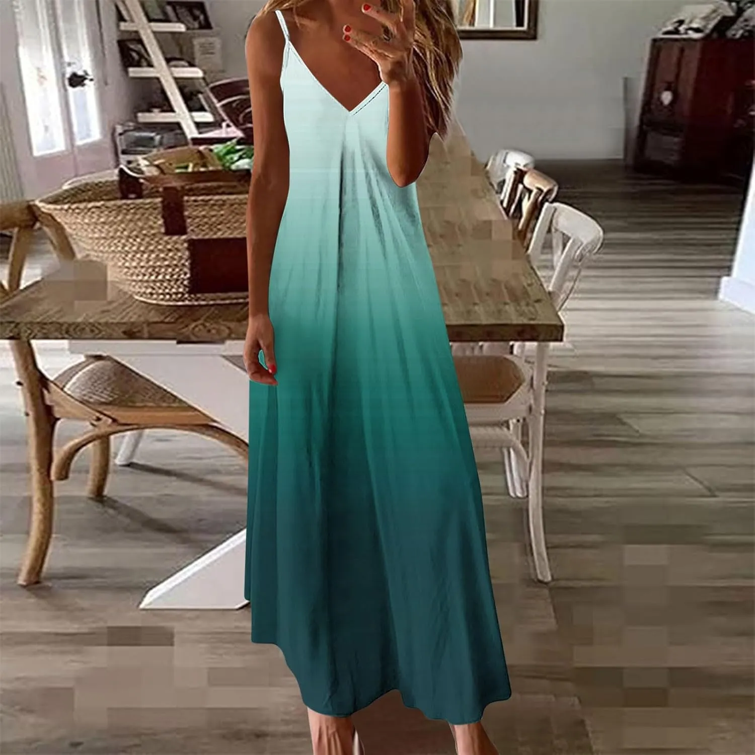 Womens Summer Fashion Gradient Print Sundresses Spaghetti Straps V-Neck Casual Swing Pleated Vacation Dress
