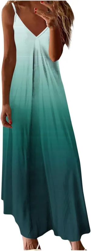 Womens Summer Fashion Gradient Print Sundresses Spaghetti Straps V-Neck Casual Swing Pleated Vacation Dress